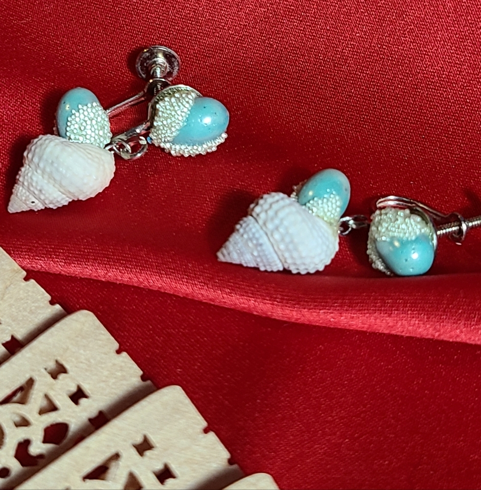 Turquoise and White Shell Earrings Screw Backs Antique Unique Earrings